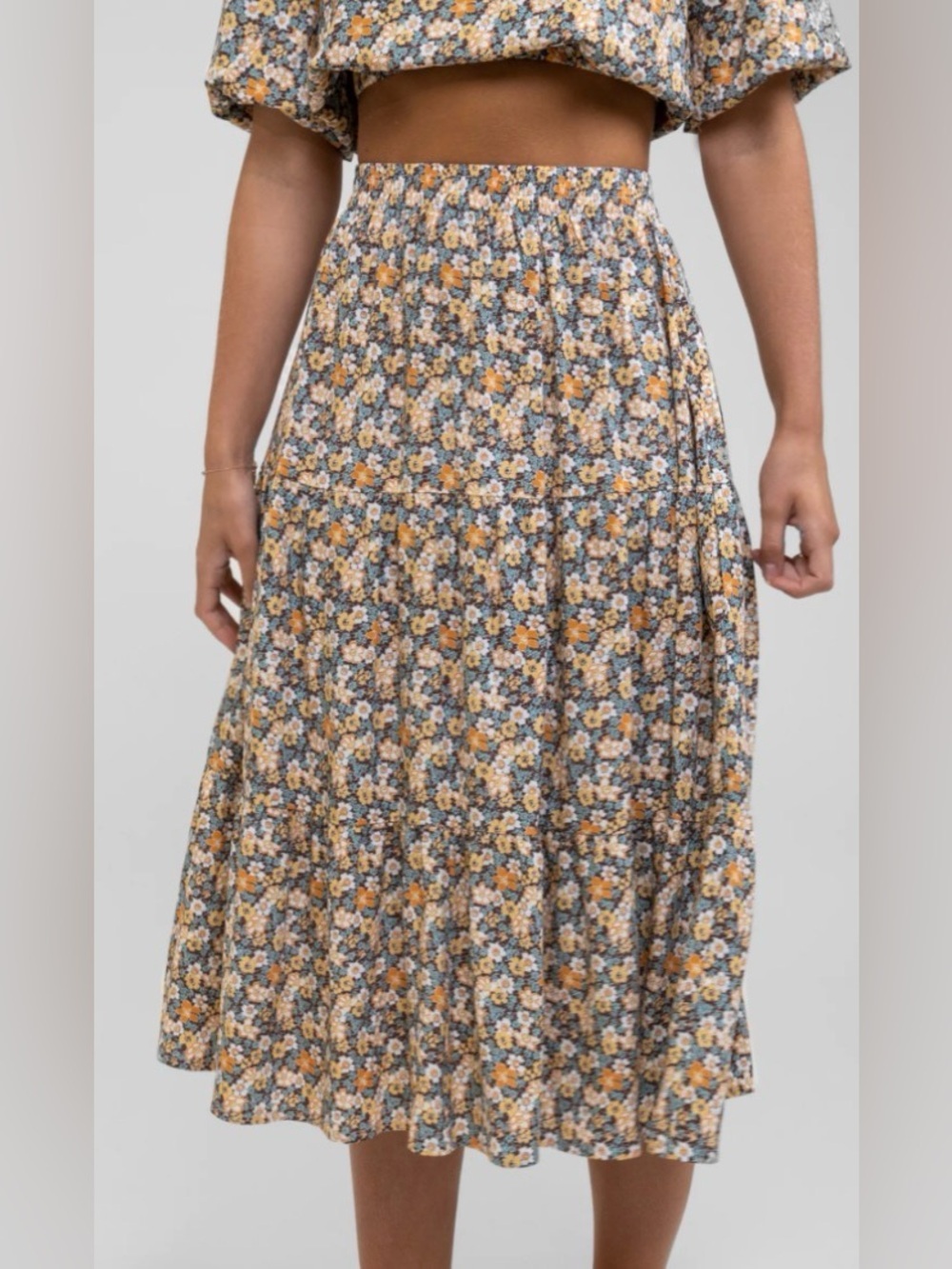 RHTHYM SUNDAZE BLUE ORANGE FLORAL ELASTIC WAIST MAXI SKIRT WOMENS SZ 8